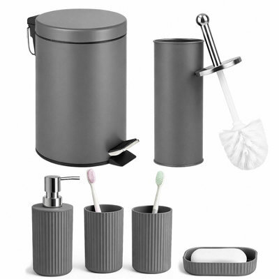 4 Piece Bathroom Accessories Set Grey Colour 3L Pedal Bin Toilet Brush Holder - image 1