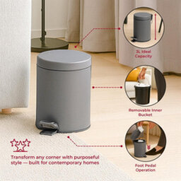 4 Piece Bathroom Accessories Set Grey Colour 3L Pedal Bin Toilet Brush Holder - thumbnail 3