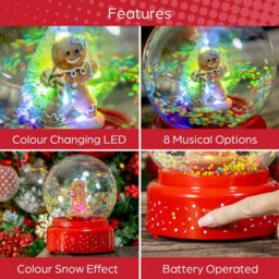 Christmas Snow Globe Gingerbread Man Musical Led Light Battery Operated Xmas - thumbnail 7