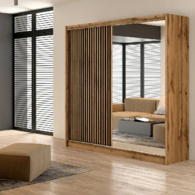 Arte Elegant Oak Wotan & White Sliding Wardrobe With Mirror - 203Cm Versatile Storage For Modern Apartments - image 1