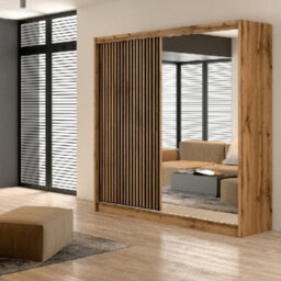 Arte Elegant Oak Wotan & White Sliding Wardrobe With Mirror - 203Cm Versatile Storage For Modern Apartments - thumbnail 1