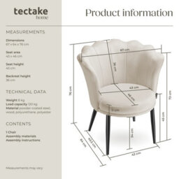 Tectake 1 Armchair Stella - Faux Fur Or Velvet, Thick Padding, 67X64X76Cm  - Velvet Cream/black - thumbnail 6