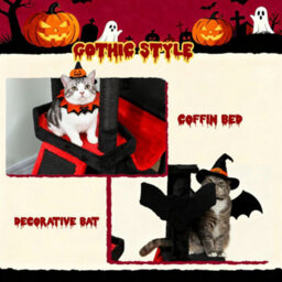 Pawhut 152Cm Gothic Cat Tree For Halloween With Coffin Bed, Large Condo - thumbnail 5