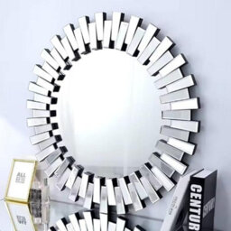 Biznest 60Cm Wall Mirror Furniture Glass 3D Sunburst Round Full Mirror Silver Decorative Style Living Room Bathroom