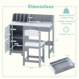Costway Kids Study Desk & Chair Set Children Writing Table With Drawer & Cabinets-Grey - thumbnail 3