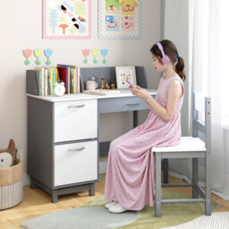 Costway Kids Study Desk & Chair Set Children Writing Table With Drawer & Cabinets-Grey - thumbnail 4
