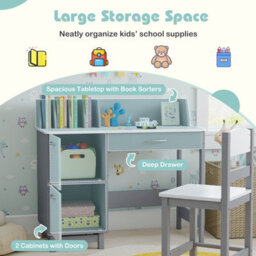 Costway Kids Study Desk & Chair Set Children Writing Table With Drawer & Cabinets-Grey - thumbnail 6