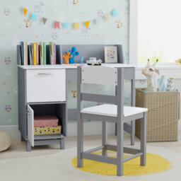Costway Kids Study Desk & Chair Set Children Writing Table With Drawer & Cabinets-Grey - thumbnail 5