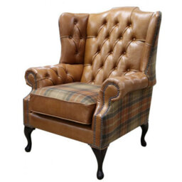 Chesterfield High Back Wing Chair Old English Tan Leather And Vintage Caramel Wool In Mallory Style - thumbnail 2