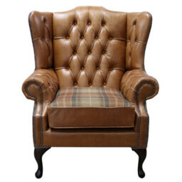 Chesterfield High Back Wing Chair Old English Tan Leather And Vintage Caramel Wool In Mallory Style - thumbnail 3