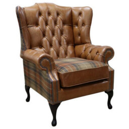 Chesterfield High Back Wing Chair Old English Tan Leather And Vintage Caramel Wool In Mallory Style