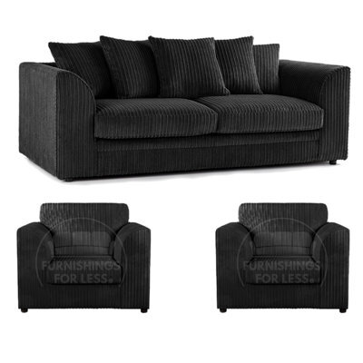 Furnishings For Less UK Luxor Jumbo Cord 3 + 1 + 1 Fabric 3 Piece Sofa Suite - Scatter Back Black - image 1