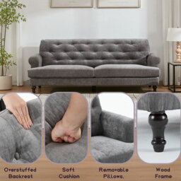 Velvet Tufted Sofa Set, Gray Velvet Sectional Couch Suite-1+1 Set - thumbnail 6