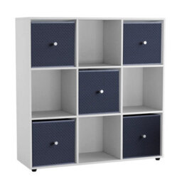 Urbn-Living 9 Cube White Wooden Bookcase Shelving Unit With 5 Collapsible Fabric Drawers Navy Blue