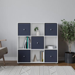 Urbn-Living 9 Cube White Wooden Bookcase Shelving Unit With 5 Collapsible Fabric Drawers Navy Blue - thumbnail 2