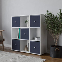 Urbn-Living 9 Cube White Wooden Bookcase Shelving Unit With 5 Collapsible Fabric Drawers Navy Blue - thumbnail 3