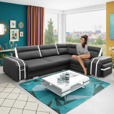 Avatar Corner Sofa Bed With Ottoman And Side Bar Upholstered Back Loose Cushions 300X200X90Cm 145X220Cm Graphite And White Right - image 1