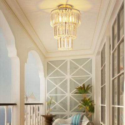 Living And Home Modern Chandelier Three Circle Droplet Crystal Shade Chorme Base Mount Ceiling Light - image 1