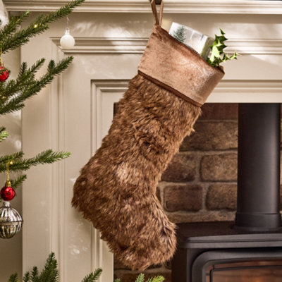 Dibor Traditional Beresford Dark Brown Faux Fur Xmas Gift Decoration Christmas Stocking For Kids - image 1