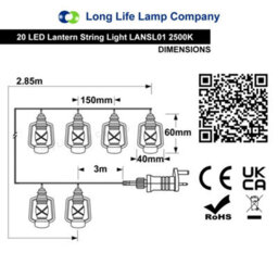 Long Life Lamps Company Outdoor Or Indoor Mini Lantern 20 Led String Lights Ip44 Mains Powered 2500K Lansl01 - thumbnail 2