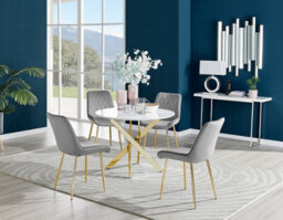 Furniturebox Novara White High Gloss 100Cm Round Dining Table With Gold Starburst Legs & 4 Grey Pesaro Velvet Chairs