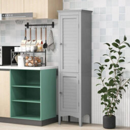 5 Tier Bathroom Tall Cabinet Slim Freestanding Storage Organizer Cupboard 2 Door - thumbnail 5
