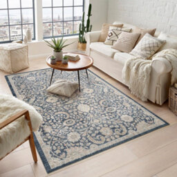 Maia Washable Low Pile Non Slip Blossom Traditional Area Rug - Navy, 200 X 300 Cm (Rectangular)