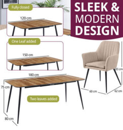 Hallowood Furniture Cullompton Large Extending Dining Table (120-150-180 Cm) With 4 Light Brown Fabric Armed Chairs - thumbnail 3