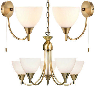 5 Lamp Ceiling & 2X Wall Light Pack Antique Brass Glass Matching Indoor Fittings - image 1