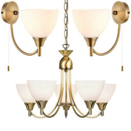 5 Lamp Ceiling & 2X Wall Light Pack Antique Brass Glass Matching Indoor Fittings - thumbnail 1