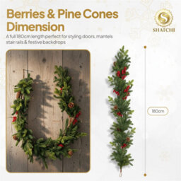 Shatchi 180Cm  Christmas Garland With Berries And Pine Cones Garland For Door & Christmas Decor - thumbnail 7