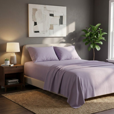 Soft Plain Brushed Cotton Fitted Flat Sheet Matching Pillowcases Set Lilac - image 1