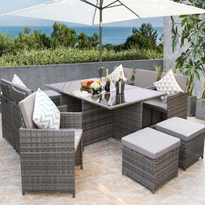 Hestia Rattan Cube 10 Seater Dining Garden Patio Set W/ Parasol Hole - Grey - image 1
