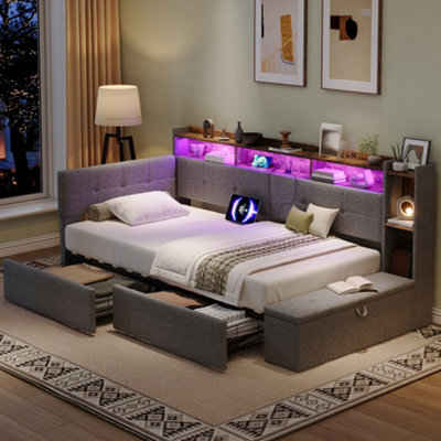 Modernluxe 3Ft Single Bed, Led Daybed, 90X190Cm, Linen, Grey, With Drawers And Bed End Ottoman Storage, With Charging Station - image 1