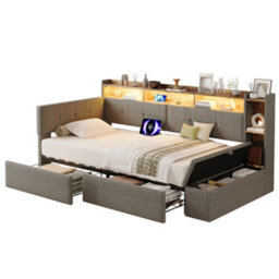 Modernluxe 3Ft Single Bed, Led Daybed, 90X190Cm, Linen, Grey, With Drawers And Bed End Ottoman Storage, With Charging Station - thumbnail 9