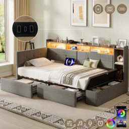 Modernluxe 3Ft Single Bed, Led Daybed, 90X190Cm, Linen, Grey, With Drawers And Bed End Ottoman Storage, With Charging Station - thumbnail 2