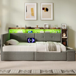 Modernluxe 3Ft Single Bed, Led Daybed, 90X190Cm, Linen, Grey, With Drawers And Bed End Ottoman Storage, With Charging Station - thumbnail 5