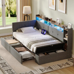 Modernluxe 3Ft Single Bed, Led Daybed, 90X190Cm, Linen, Grey, With Drawers And Bed End Ottoman Storage, With Charging Station - thumbnail 3