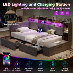 Modernluxe 3Ft Single Bed, Led Daybed, 90X190Cm, Linen, Grey, With Drawers And Bed End Ottoman Storage, With Charging Station - thumbnail 6