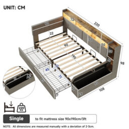 Modernluxe 3Ft Single Bed, Led Daybed, 90X190Cm, Linen, Grey, With Drawers And Bed End Ottoman Storage, With Charging Station - thumbnail 4