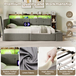 Modernluxe 3Ft Single Bed, Led Daybed, 90X190Cm, Linen, Grey, With Drawers And Bed End Ottoman Storage, With Charging Station - thumbnail 7