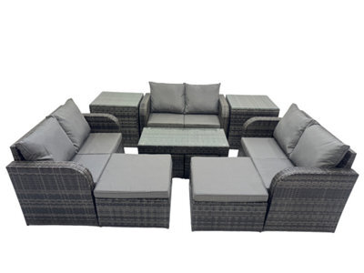Fimous 3 Seater Sofa Reclining Chair Coffee Table Set Rattan Garden Furniture Set With 2 Side Table 2 Big Footstools - image 1