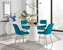 Furniturebox Palma White Marble Effect Round 4-6 Seater Pedestal Dining Table & 4 Blue Velvet Pesaro Silver Leg Chairs