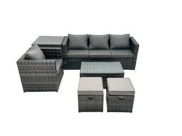 Fimous Outdoor Coffee Table Sofa Armchair Set With Side Table 2 Small Footstools Garden Furniture Set Dark Grey Mixed - thumbnail 2