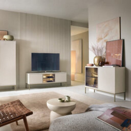 Arte Sento Cashmere & Gold Display Cabinet - 104Cm Modern Unit With Push-To-Open & Led Lighting - thumbnail 5