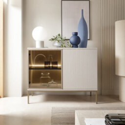 Arte Sento Cashmere & Gold Display Cabinet - 104Cm Modern Unit With Push-To-Open & Led Lighting - thumbnail 4
