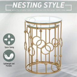 Set Of 2 Nesting Coffee Table, Side Tables With Glass Top, Gold Tone - thumbnail 5
