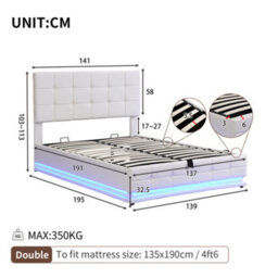 HomeTouch Double Pu Faux Leather Ottoman Lift Storage Bed With Led Lighting, 4Ft6 (135X190Cm) - thumbnail 7
