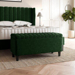 137Cm Safari Striped Plush Velvet Upholstered Ottoman Storage Bench With Legs,forest Green Deep Storage End Of Bed Shoes Bench