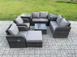 Fimous 7 Seater Rattan Sofa Set Outdoor Garden Furniture Set With Square Coffee Table Loveseat Sofa Reclining Chairs 2 Side Tables - thumbnail 1